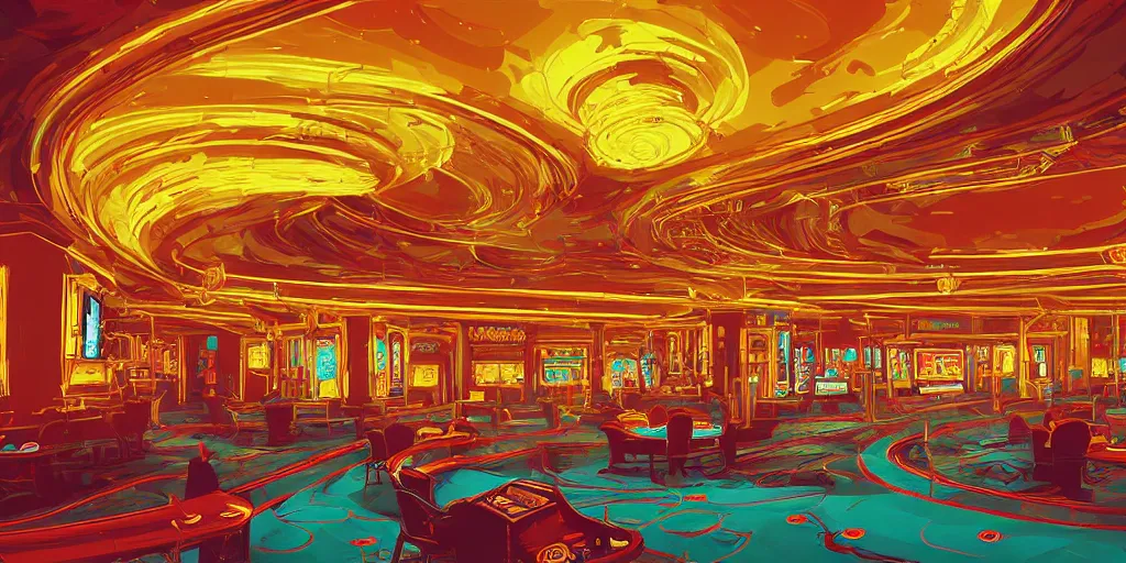 Image similar to extreme wide angle curly perspective digital art of indoor casino with a stage pale colors by anton fadeev from nightmare before christmas