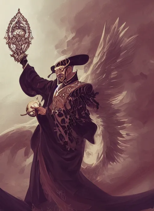 Image similar to a highly detailed illustration of mustached japanese man as wizard wearing ornate black robe and mage hat, dramatic floating pose, with divine guardian angel floating behind him, perfect face, intricate, elegant, highly detailed, centered, digital painting, artstation, concept art, smooth, sharp focus, league of legends concept art, WLOP