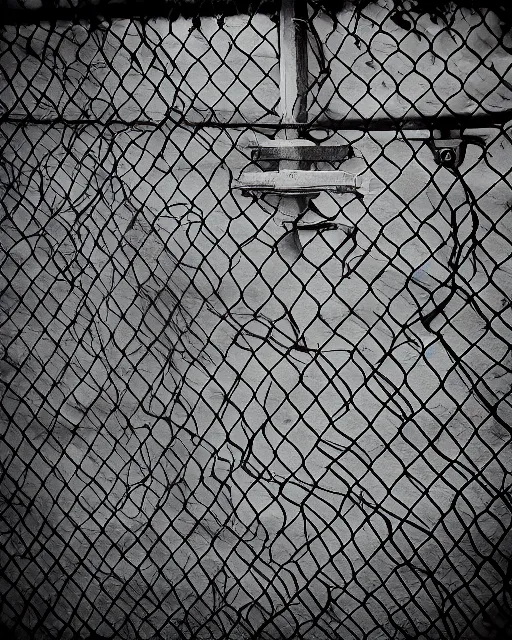 Prompt: black and white dramatic gritty pen art of a face shape in a chain link fence