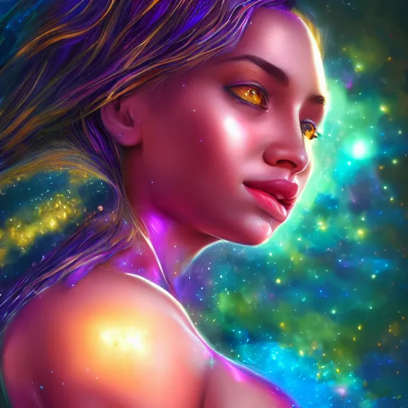 Image similar to highly detailed close up portrait of a celestial girl with a body made of cosmic energy, character art, studio lightning, bright colors, intricate, masterpiece, photorealistic, hiperrealistic, sharp focus, high contrast, Artstation HQ, DeviantArt trending, 4k UHD, Unreal Engine 5