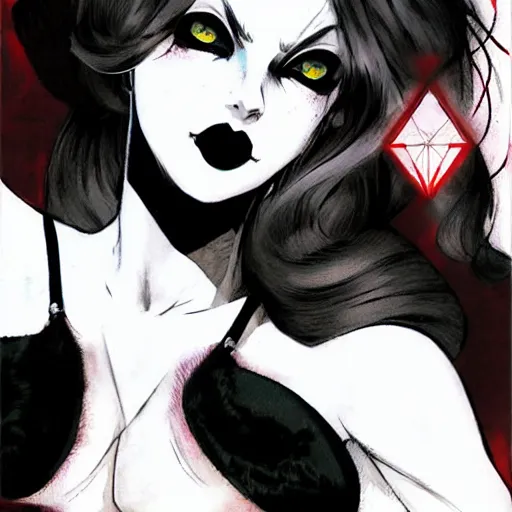 Image similar to beautiful pale - skinned goth girl with a red diamond on her forehead, yoji shinkawa