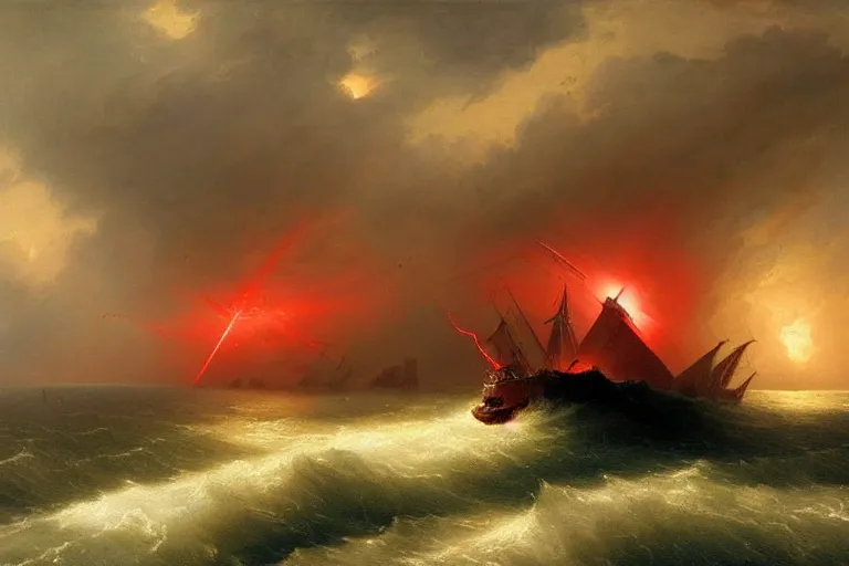 Image similar to A beautiful matte painting of huge spherical alien spaceship attacking with powerful red lasers a Sailship in ocean in thunderstorm by Greg Rutkowski and Ivan aivazovsky