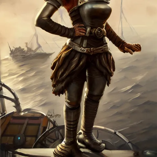 Image similar to scrappy female gnome mechanic with pixie undercut hair and one prosthetic metal gauntlet arm standing on a ship deck, naval background, fantasy, D&D, full body portrait, highly detailed, digital painting, HD, trending on ArtStation, dark fantasy, great composition, concept art, matte, sharp focus, illustration, art by artgerm and greg rutkowski