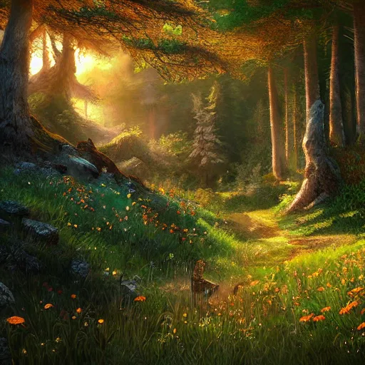 Image similar to a flowering meadow a forest behind it, epic fantasy, detailed, intricate, digital painting, concept art, realistic, smooth, focus, rim light