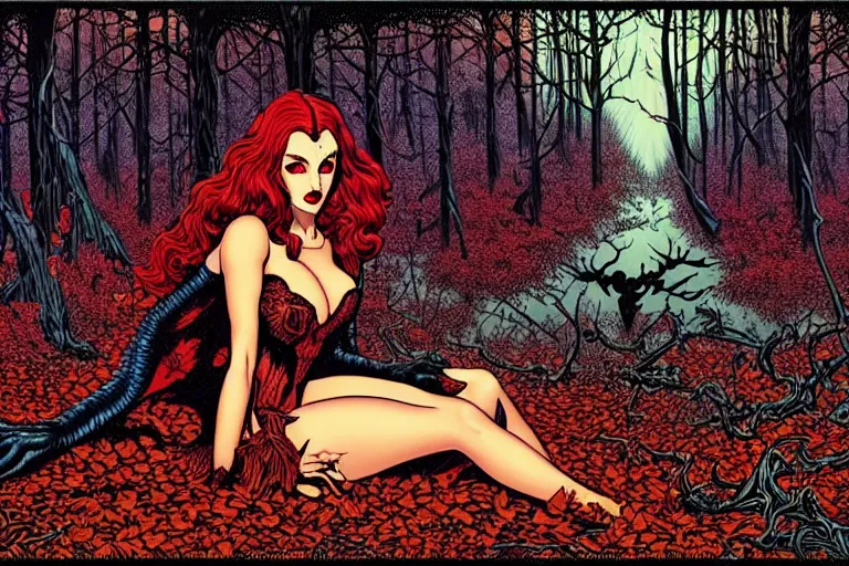 Prompt: a stunning vampiress sitting in an autumn forest, fantasy graphic novel style, by wendy pini and virgil finlay, intricate, vivid gradient colors, very fine inking lines, extremely detailed, 4k, hd