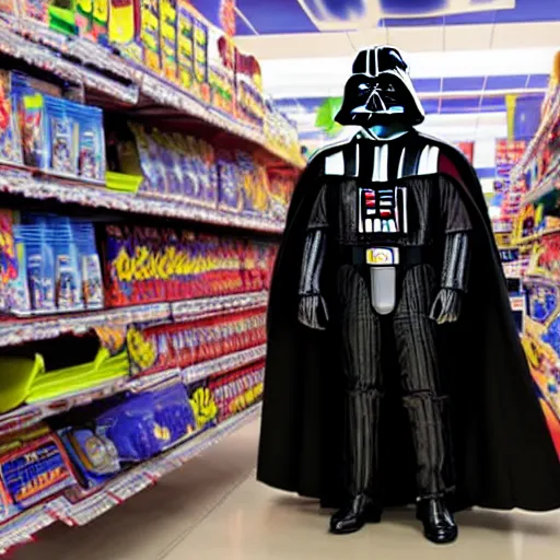 Prompt: Darth Vader shoplifting at Toys R us