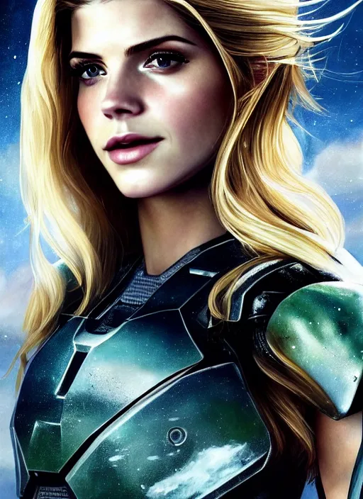 Image similar to portrait of a combination of Ashley Greene, Katheryn Winnick, Victoria Justice and Adriana Dxim, Grace Kelly, Emma Watson and Lily Collins with blonde hair wearing Forerunner Armor from Halo, countryside, calm, fantasy character portrait, dynamic pose, above view, sunny day, thunder clouds in the sky, artwork by Jeremy Lipkin and Giuseppe Dangelico Pino and Michael Garmash and Rob Rey and Greg Manchess and Huang Guangjian, very coherent asymmetrical artwork, sharp edges, perfect face, simple form, 100mm