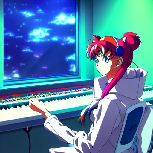 Image similar to An anime character working in their music studio. 90s anime, Sailor Moon, Neon Genesis, official art, flat cell shading, fantastic screenshot art, trending on artstation