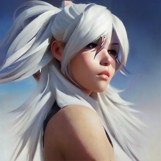 Image similar to greg manchess portrait painting of a 2 yorha type a no. 2 as overwatch character, white long hair, medium shot, asymmetrical, profile picture, organic painting, sunny day, matte painting, bold shapes, hard edges, street art, trending on artstation, by huang guangjian and gil elvgren and sachin teng