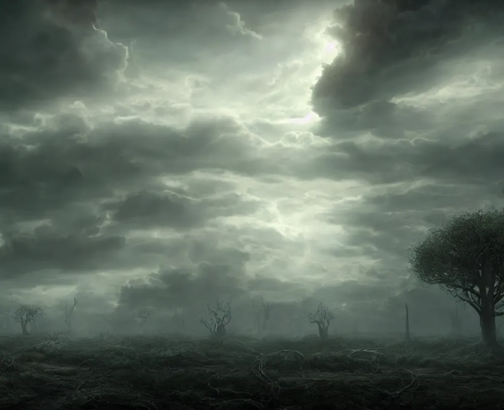 Image similar to the tendrils of a dormant god extending up into the sky, volumetric lighting, unreal engine 5, harrowing apocalyptic atmosphere, photorealistic, unnerving, hyperdetailed 3d matte painting, hyperrealism, hyperrealistic, cinematic masterpiece, fantasy horror style 8k ultrahd octane render