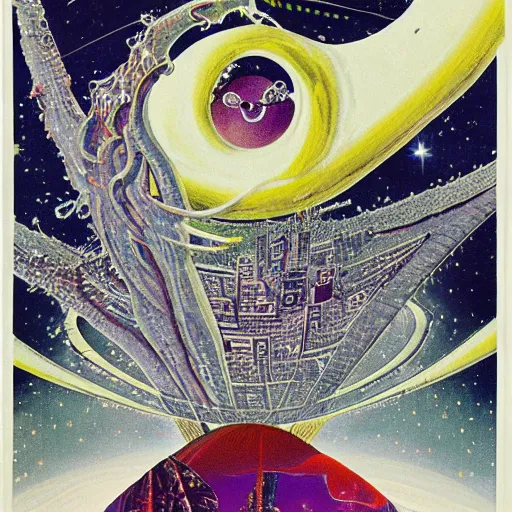 Image similar to cosmic eldritch space squid consuming a city on neptun, epic surrealism, elegant, dreadful cut out collage, 1974
