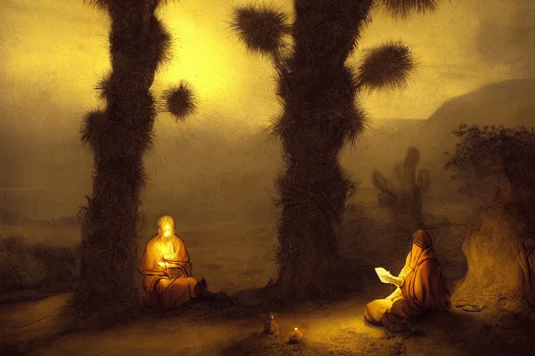 Prompt: a Druid sitting under a palm tree in the desert reading ancient scrolls in the light from a small fire at night, brown hooded cloak, desert, starry sky, by Rembrandt, an ancient city far in the distance, strong dramatic cinematic lighting, lost civilizations, smooth, sharp focus, extremely detailed
