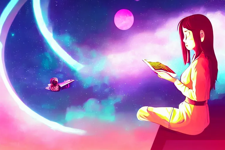 Prompt: a beautiful girl reading a book in space, lofi, anime, digital art, neon, synthwave,