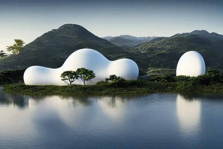 Image similar to the buildings of sejima and pierre cardin, which are formed by the intersection of many white egg shaped spherical spaces, are on the calm lake, human perspective, future, interior wood, marble, award winning, highly detailed 4 k art, dusk, unreal engine highly rendered, global illumination, radial light, internal environment by kazuyo sejima