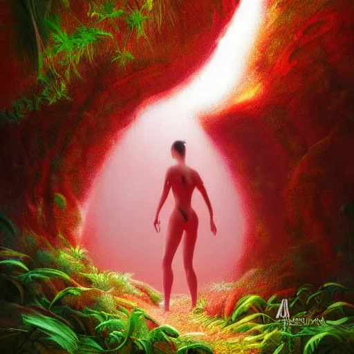 Image similar to (((red glow))) coming from cave entrance in ethereal lush forest with mystical ambiance and fog, desaturated, realistic, sharp focus, highly detailed, by artgerm