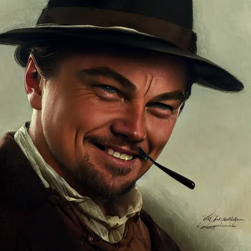 Image similar to leonardo dicaprio from django laughing with a small sherry drink in hand to lips, highly detailed, intricate, digital painting, artstation, sharp focus, illustration, art by jakub rozalski, greg rutkowski, artgerm, tan zi and ayanamikodon and alphonse mucha and wlop