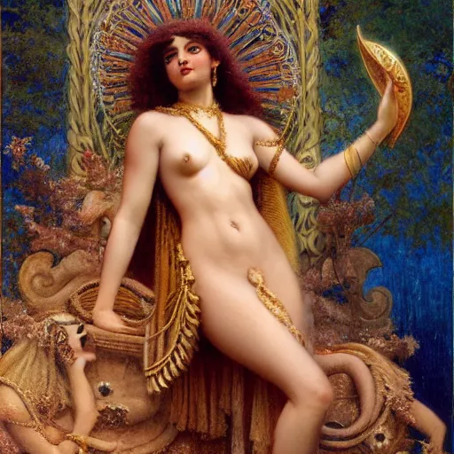 Image similar to detailed potraitof hidu goddes kali as greek god, girl graceful,, painting by gaston bussiere, craig mullins, j. c. leyendecker, lights, art by ernst haeckel, john william godward, hammershøi,,