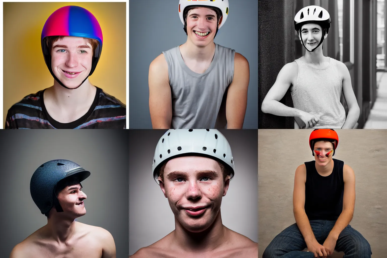 Prompt: portrait of university student with light freckles wearing his fashionable bicycle helmet and tanktop, he is smirking shyly into the camera for a cover of an alternative gay print magazine, 5 0 mm, f 1. 4, award winning photograph, experimental studio light, soft focus