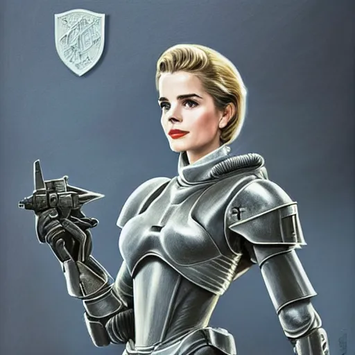 Prompt: A combination of Grace Kelly's and Emma Watson's and Ashley Greene's appearances with blonde hair wearing Master Chief's armor, full body portrait, D&D, fantasy, intricate, elegant, highly detailed, digital painting, artstation, concept art, matte, sharp focus, illustration, art by Donato Giancola and James Gurney