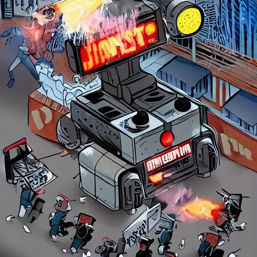 Image similar to gangster robot riot in cali protest robot live mattter, 8 k, very clear, lightning, smooth, hdd, frank miller style