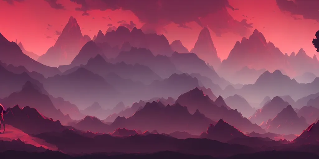 Image similar to Landscape of infernal mountains with red dark sky, ambient lighting, 4k, anime key visual, lois van baarle, ilya kuvshinov, rossdraws, artstation