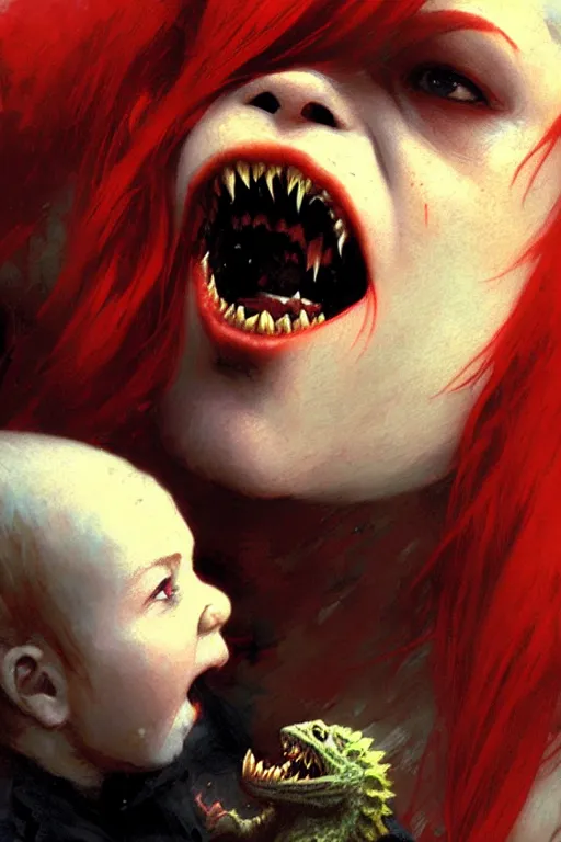 Prompt: beautiful vampire with red hair eating a baby shin - godzilla, extreme close up detailed face portrait dnd, painting by gaston bussiere, craig mullins, greg rutkowski, yoji shinkawa