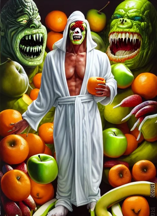 Image similar to full body shot of a monster man in a white robe, green skin, dressed in all white, covered in different fruit, apples, oranges, bananas, intricate, highly detailed, concept art, hyperrealistic, oil painting by greg staples and tristan eaton, 8 k