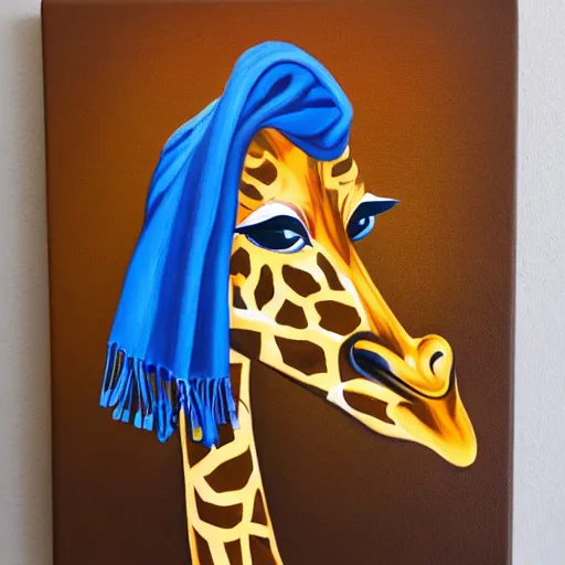 Image similar to giraffe with a blue scarf, canvas, painting by van gog