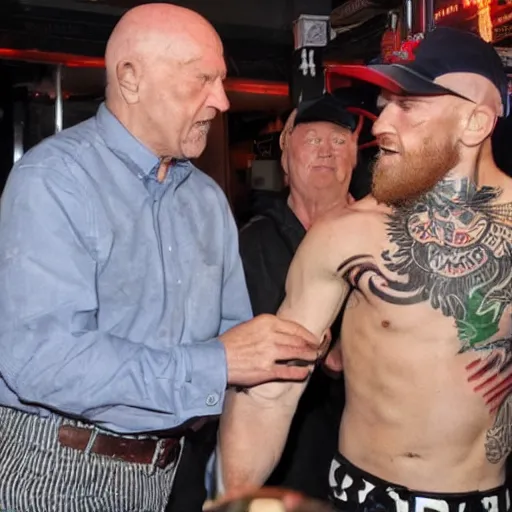 Image similar to Conor McGregor slapping a frail elderly man inside a bar