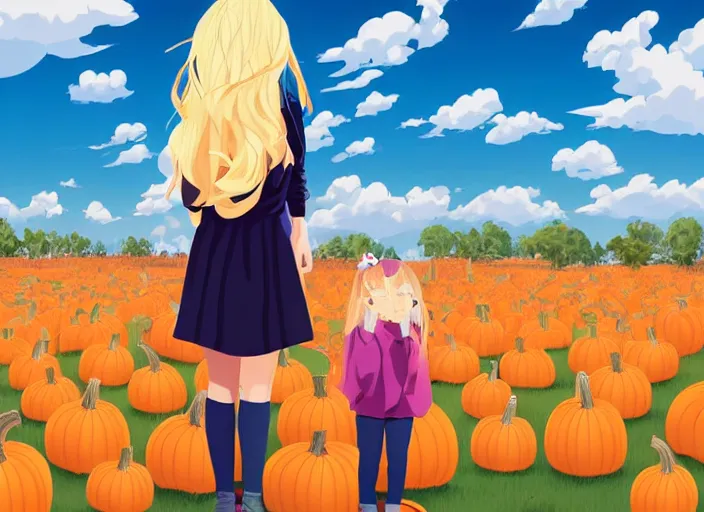 Image similar to little girl with long blonde hair visiting a pumpkin patch. she is facing away from the viewer. clean cel shaded vector art. shutterstock. behance hd by lois van baarle, artgerm, helen huang, by makoto shinkai and ilya kuvshinov, rossdraws, illustration, art by ilya kuvshinov