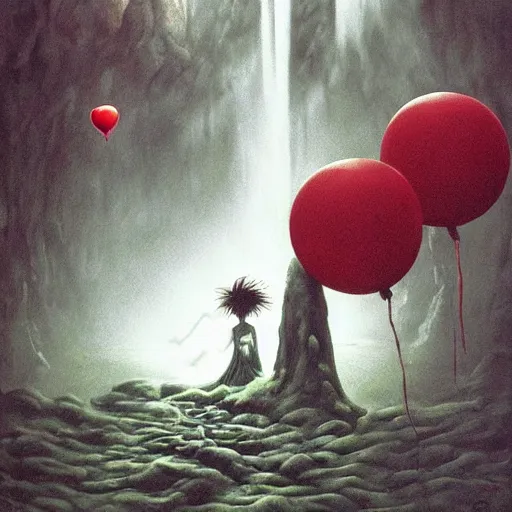 Image similar to grunge painting of a waterfall with a wide smile and a red balloon by Zdzisław Beksiński, loony toons style, pennywise style, corpse bride style, creepy lighting, horror theme, detailed, elegant, intricate, conceptual, volumetric light