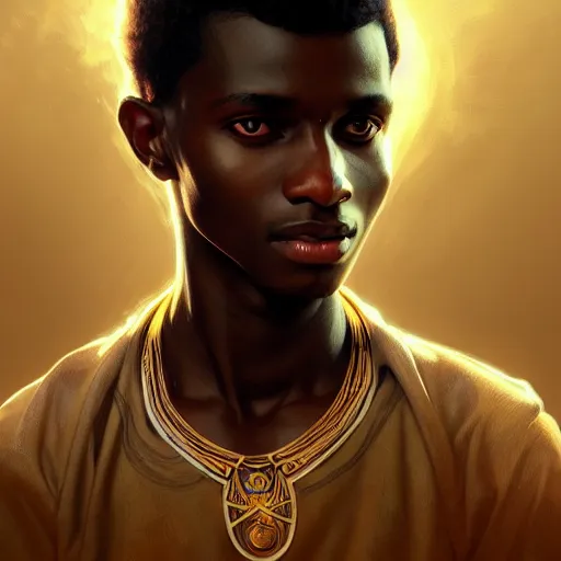 Image similar to illustration of a sudanese boy, d & d, fantasy, intricate, elegant, highly detailed, digital painting, artstation, concept art, smooth, sharp focus, illustration, art by artgerm and greg rutkowski and alphonse mucha