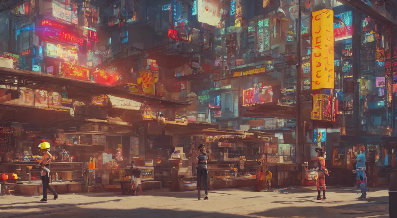 Prompt: a cyberpunk hot dog vendor stands on a main street, unreal engine, octane render, artstation