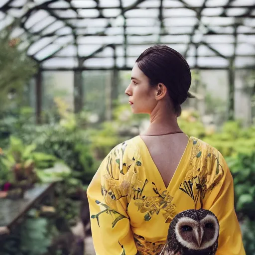 Prompt: head to shoulder portrait photograph of an elegant top model wearing a yellow kimono with a very detailed barn owl on her shoulder!!! in a tropical greenhouse. looking at the camera!!. super resolution. Graflex. bokeh. by Alessio albi and john william waterhouse and John Singer Sargent