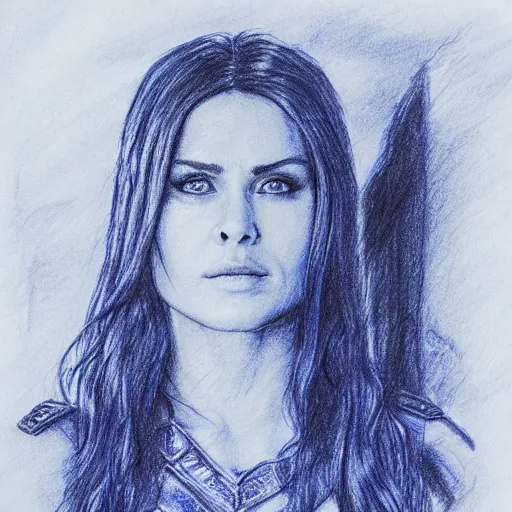 Prompt: blue ballpoint pen drawing of clarke from the 1 0 0