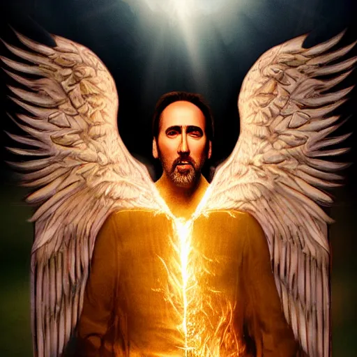 Prompt: nicholas cage angel wings holy light upscale 8 k highly detailed high quality full body shot