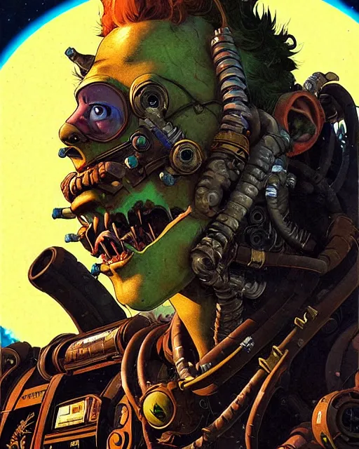 Image similar to junkrat from overwatch, slight smile, character portrait, portrait, close up, concept art, intricate details, highly detailed, vintage sci - fi poster, retro future, in the style of chris foss, rodger dean, moebius, michael whelan, and gustave dore