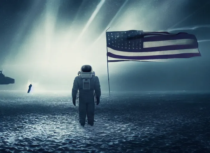 Image similar to astronaut holding a flag in an underwater desert. a submarine is visible in the distance. dark, concept art, cinematic, dramatic, atmospheric, 8 k, trending on artstation, blue, fish, low visibility, fog, ocean floor, christopher nolan, interstellar