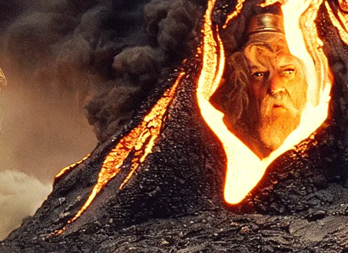 Prompt: gandalf smoking weed halfway submerged in smoking lava!, lotr 3