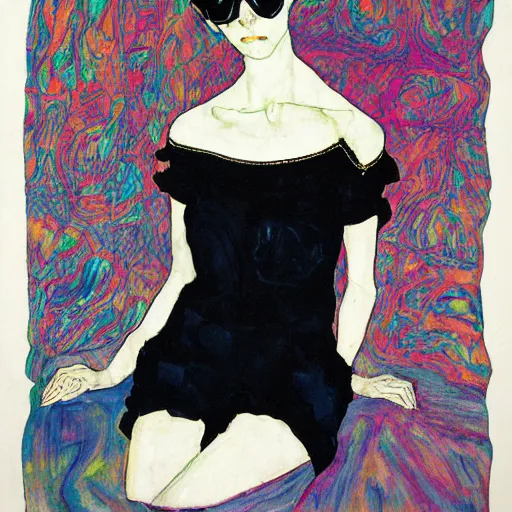 Prompt: egon schiele + holly warbs short black asymetrical long pixie haircut and round thin elegant blue frame glasses teen girl, black lace dress, in a colorful and bright trippy victor moscoso room. colorful lsd.