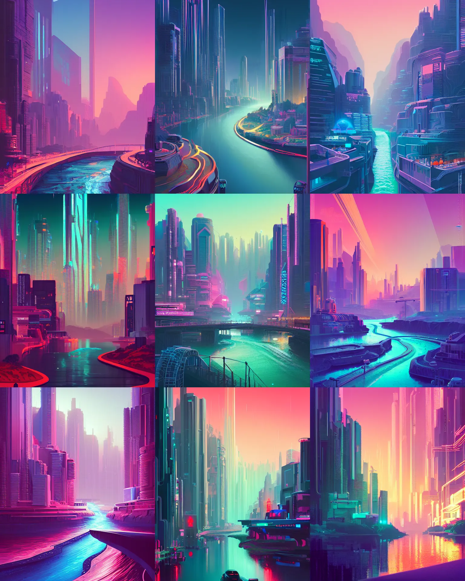 Prompt: a digital painting of a river running through a city, a matte painting by james gilleard and beeple and thomas kinkade, behance contest winner, retrofuturism, synthwave, cityscape, 2 d game art