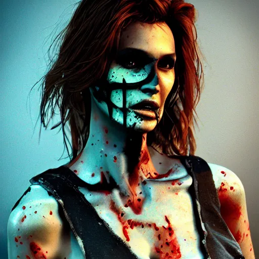 Image similar to eighties super model cindy crawford as a zombie with cuts on face, 7 days to die zombie, fine art, award winning, intricate, elegant, sharp focus, cinematic lighting, highly detailed, digital painting, 8 k concept art, art by guweiz and z. w. gu, masterpiece, trending on artstation, 8 k