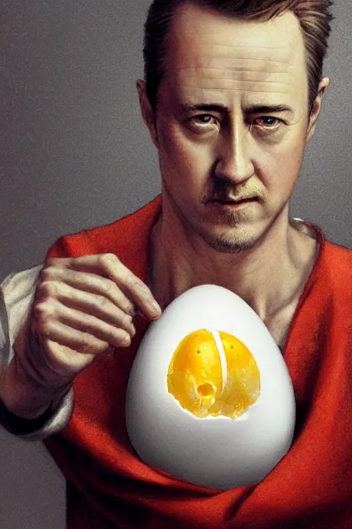 Prompt: a boiled egg with the shell peeling off with edward norton's face inside, highly detailed, dramatic lighting, concept art by caravaggio and greg rutkowski and artgerm