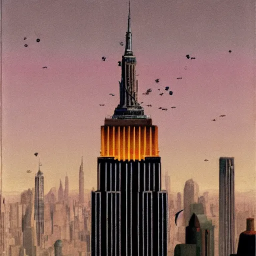 Image similar to Santa buzzing/flying past the empire state building whilst wearing his jetpack greg rutkowski giorgio de chirico john currin clarence holbrook carter mark ryden simon stalenhag