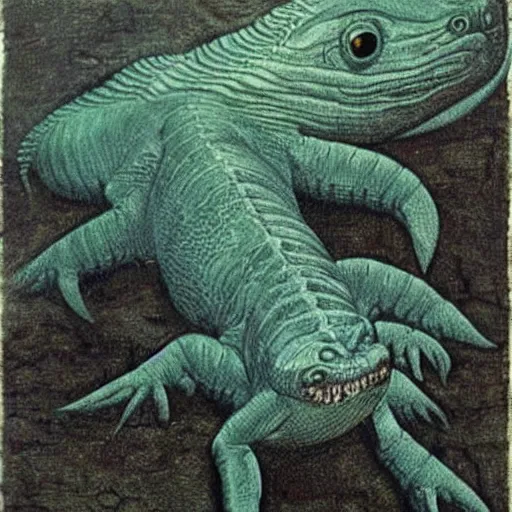 Prompt: deep sea monster lizard while swimming extremely realistic made by leonardo da vinci