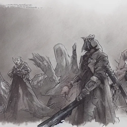 Prompt: a group of hunter from bloodborne sitting next to each other in a room, concept art by yoshiyuki tomino, behance contest winner, retrofuturism, toonami, redshift, official art