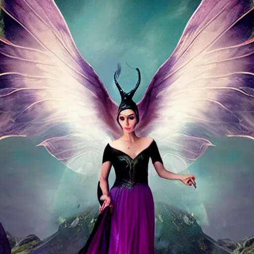 Prompt: fairy with wings, similar to maleficent, fantasy, lord of the rings