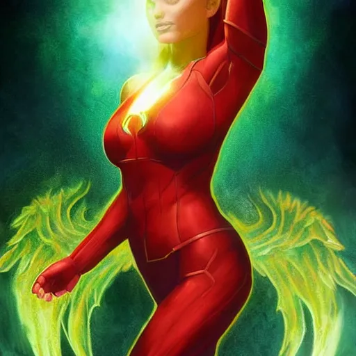 Prompt: jean grey, a full body portrait of jean grey, green eyes, red hair, phoenix rising, flames, comic, x - men, highly detailed, artstation, deviantart, symetry, digital painting, vivid colors, realistic shaded perfect face, volumetric lighting, atmospheric, sharp focus, moody, art by artgerm and greg rutkowski, 8 k