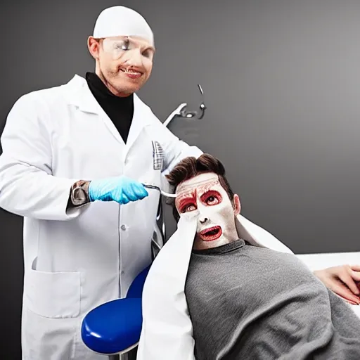 Image similar to A very evil dentist getting ready to pull the teeth out of a young male adult, horror film, cinematic, realistic