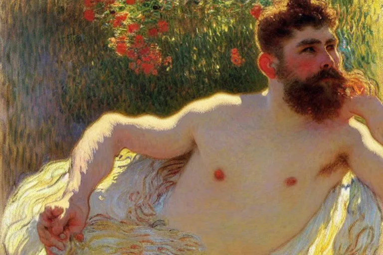 Prompt: attractive male, painting by gaston bussiere, claude monet, alphonse mucha, carl larsson